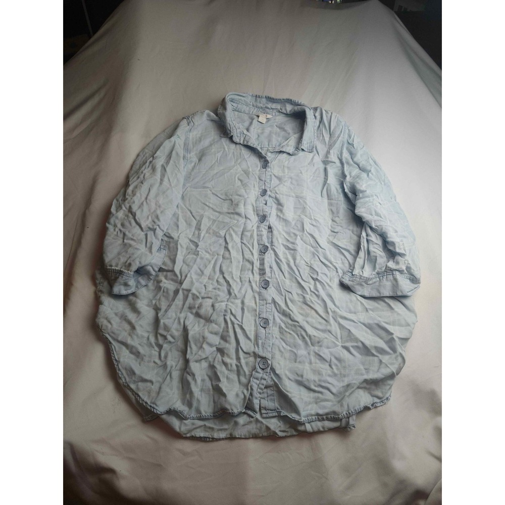 Intro Light Blue Plaid Button Down Shirt Womens 3X Oversized 3/4 Sleeve High Low